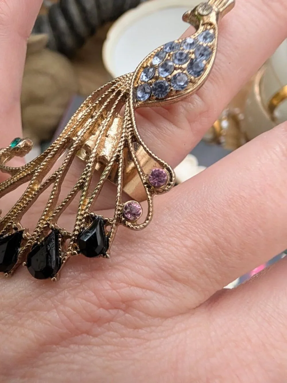 Vintage Peacock Statement Ring with Rhinestones, size 8